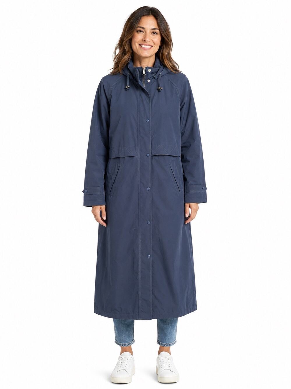 L.L.Bean 1990s Navy Long Raincoat Hooded Waterproof Jacket Womens M
